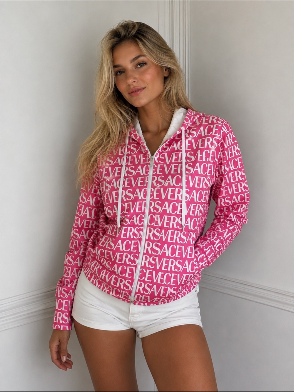 Versace Pink All-Over Logo Zip Hoodie sweatshirt - Picture 2 of 8